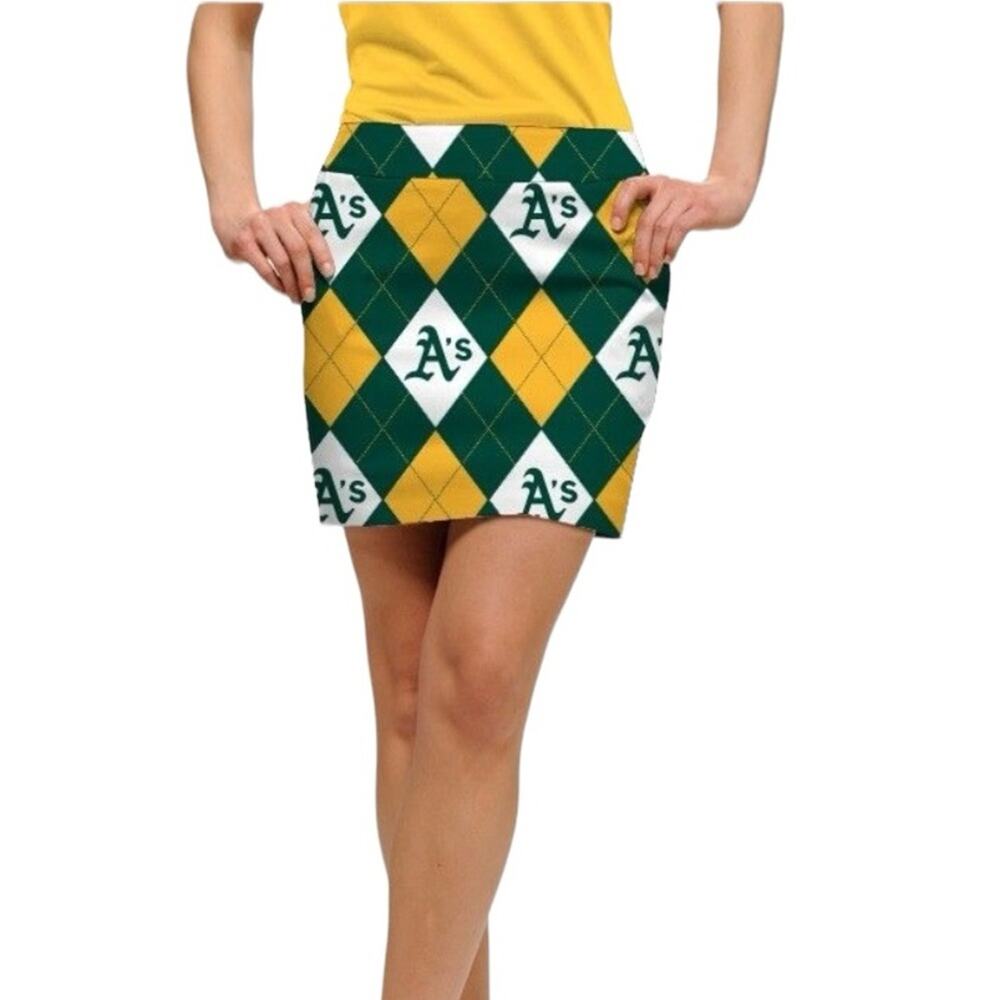 Loudmouth Oakland A’s Argyle NWTs Mini Skirt Skort size 10 MLB Golf Green Yellow